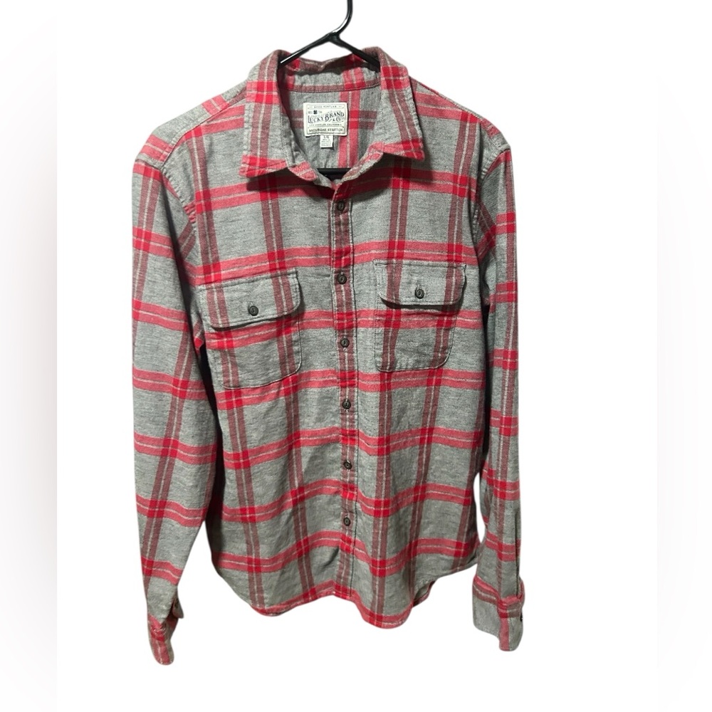 Lucky Brand Gray and Red Plaid Men’s Button Down Flannel Shirt